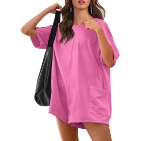 Womens Oversized Tee Shirt Romper Back V Neck Short Sleeve Loose Jumpsuit Shorts