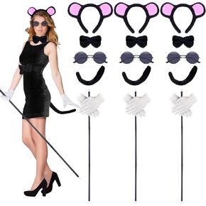 18 Pcs Halloween Mouse Costume Accessories Set, Mouse Headbands Ears Bow Tie Tail Round Sunglasses Blind Cane White Gloves