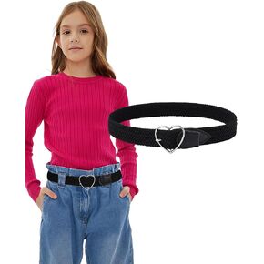 AWAYTR Girls Stretchy Braided Belt - Heart Buckle Golf Softball Belts for Girls Aged 3-18 Years