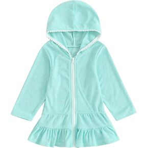 Little Girl Cover Up Dress Long Sleeve Zipper Hooded Towel Terry Swimwear Bathrobe Robe Pool Beachwear