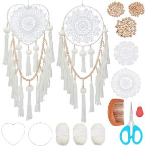 INFUNIY 2 Set White Crochet Dream Catcher DIY Dream Catchers Making Kit Large Dreamcatcher Heart Shape Make Your Own Dream Catcher Pack with Instruction for Home Decor Wall Hanging Birthday