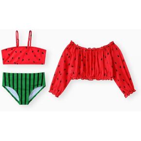 Toddler, Girls Watermelon Bikini Top, Bottom, and Cover-up Swimsuit Set, Red, Size 5-6 Years, Red/Green in Saudi Arabia