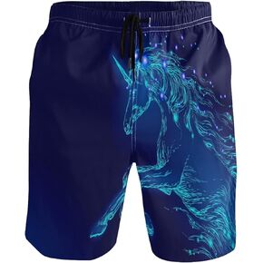 Men's Swim Trunks Blue Glowing Horse Unicorn Night Sky Star Summer Beach Shorts Quick Dry Bathing Suits with Mesh Lining XL