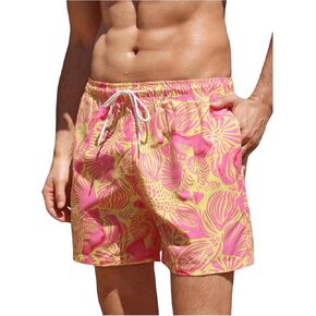 MakeMeChic Men's Swim Trunks Tropical Floral Summer Drawstring Bathing Suit Beach Board Shorts