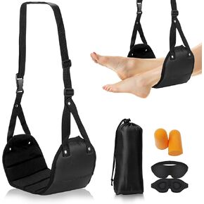 Airplane Foot Rest Hammock for Air Travel - Foot Sling for Plane Flights - Airplane Leg Rest with Eye Mask and A Pair of Ear Plugs- Accessories for Long Flight - Desk Hammock for Feet