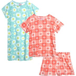 Girls' Pajama Set - 3 Piece Short Sleeve Sleep Shirt, Lounge Pajama Shorts, and Nightgown - Girls' Sleepwear (7-16)