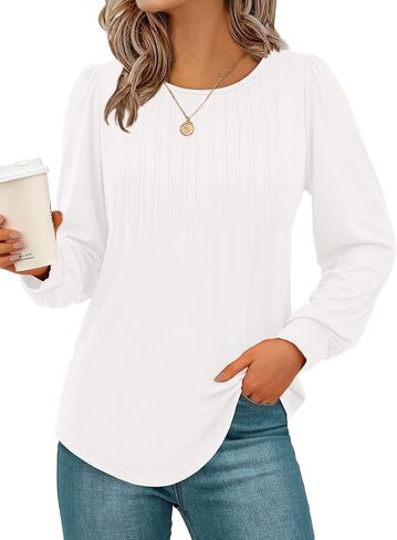 NALANISA Women's Puff Long Sleeve Tunic Tops Pleated Work Blouses Dressy Casual Loose Crew Neck T-Shirts Fall Fashion 2024 in Saudi Arabia