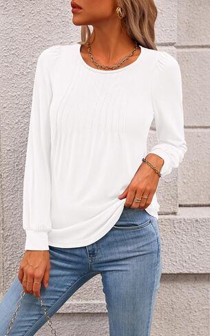NALANISA Women's Puff Long Sleeve Tunic Tops Pleated Work Blouses Dressy Casual Loose Crew Neck T-Shirts Fall Fashion 2024 in Saudi Arabia