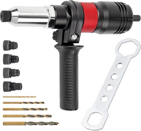 محول مجموعة مسدس برشام للمثاقب اللاسلكية ومفتاح ربط السقاطة 8 مم، أداة برشام مع (3/32 بوصة، 1/8 بوصة، 5/32 بوصة، 3/16 بوصة، 1/4 بوصة) رؤوس برشام قابلة للتبديل و5 مثقاب ملتوي، سهل معالجة البوب ​​برشام in Kuwait