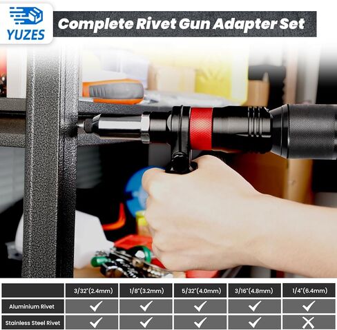 محول مجموعة مسدس برشام للمثاقب اللاسلكية ومفتاح ربط السقاطة 8 مم، أداة برشام مع (3/32 بوصة، 1/8 بوصة، 5/32 بوصة، 3/16 بوصة، 1/4 بوصة) رؤوس برشام قابلة للتبديل و5 مثقاب ملتوي، سهل معالجة البوب ​​برشام in Kuwait