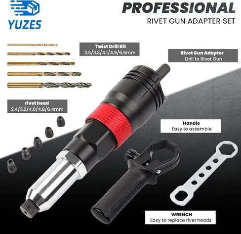 محول مجموعة مسدس برشام للمثاقب اللاسلكية ومفتاح ربط السقاطة 8 مم، أداة برشام مع (3/32 بوصة، 1/8 بوصة، 5/32 بوصة، 3/16 بوصة، 1/4 بوصة) رؤوس برشام قابلة للتبديل و5 مثقاب ملتوي، سهل معالجة البوب ​​برشام in Kuwait