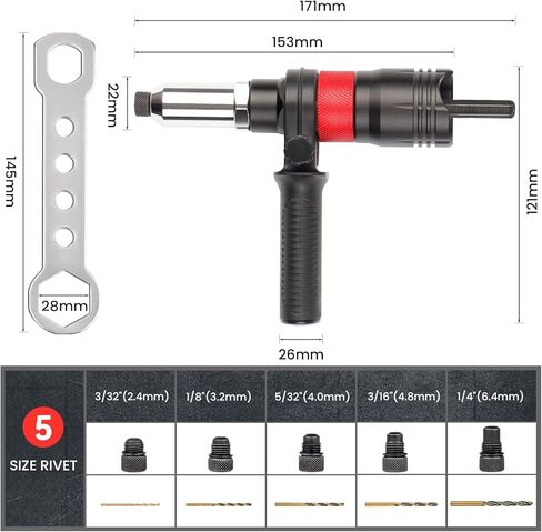 محول مجموعة مسدس برشام للمثاقب اللاسلكية ومفتاح ربط السقاطة 8 مم، أداة برشام مع (3/32 بوصة، 1/8 بوصة، 5/32 بوصة، 3/16 بوصة، 1/4 بوصة) رؤوس برشام قابلة للتبديل و5 مثقاب ملتوي، سهل معالجة البوب ​​برشام in Kuwait