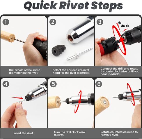 محول مجموعة مسدس برشام للمثاقب اللاسلكية ومفتاح ربط السقاطة 8 مم، أداة برشام مع (3/32 بوصة، 1/8 بوصة، 5/32 بوصة، 3/16 بوصة، 1/4 بوصة) رؤوس برشام قابلة للتبديل و5 مثقاب ملتوي، سهل معالجة البوب ​​برشام in Kuwait