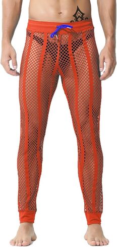 JINSHI Men's Fishnet Striped Lounge Pants Drawstring Lightweight Pyjama Trousers Legging Muscle UnderPants Swimwear in Kuwait