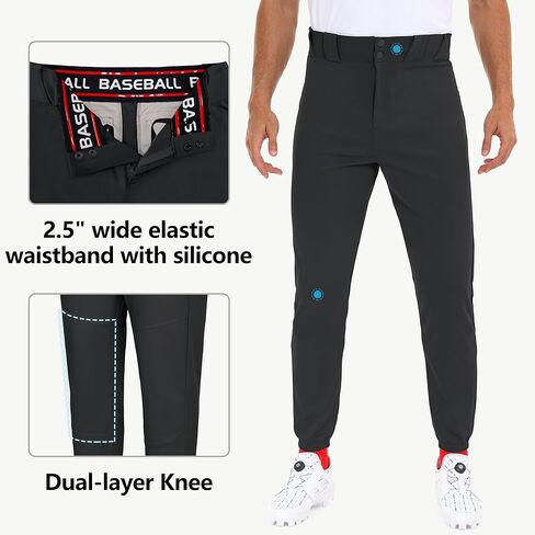 بنطال البيسبول Unility للرجال - بنطلون رياضي مدبب مطاطي 2.5 بوصة حزام خصر من السيليكون مزدوج الطبقات للركبة حزام بسحاب أسود in Kuwait