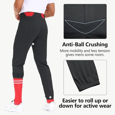 بنطال البيسبول Unility للرجال - بنطلون رياضي مدبب مطاطي 2.5 بوصة حزام خصر من السيليكون مزدوج الطبقات للركبة حزام بسحاب أسود in Kuwait