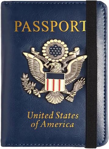 Creative Passport Holder Cover With 3D Metal Badge RFID Blocking Leather Passport Wallet And Case For Family (Blue & Gold) in Saudi Arabia