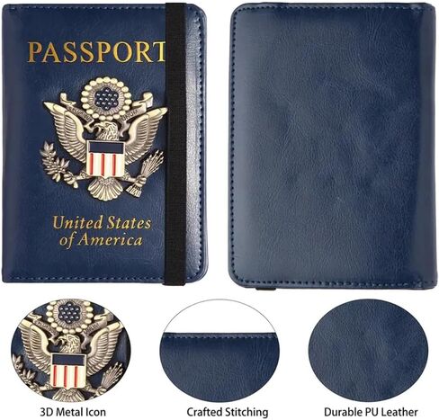 Creative Passport Holder Cover With 3D Metal Badge RFID Blocking Leather Passport Wallet And Case For Family (Blue & Gold) in Saudi Arabia
