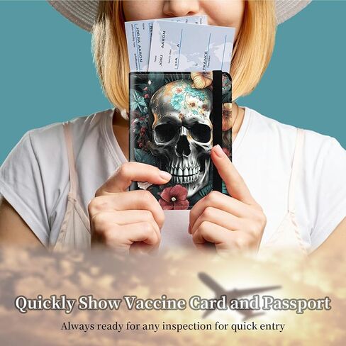 Passport Wallet Cover, Passport Holder Cover Men Women with Elastic Strap, PU Leathe Credit Card Protector RFID Blocking Sleeves Case Travel Vacation Essentials for Family, Rose Skulls in Saudi Arabia