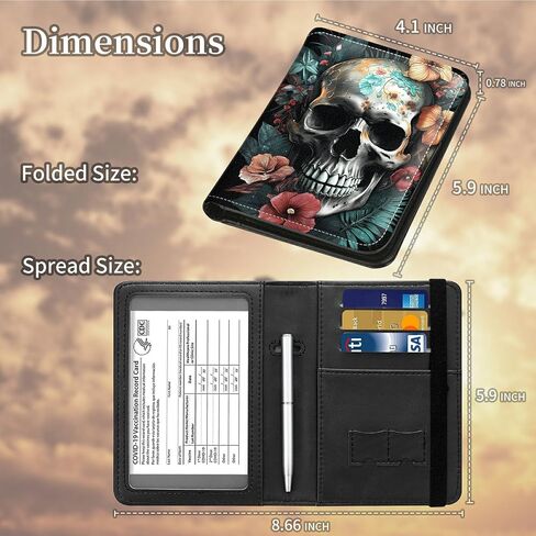Passport Wallet Cover, Passport Holder Cover Men Women with Elastic Strap, PU Leathe Credit Card Protector RFID Blocking Sleeves Case Travel Vacation Essentials for Family, Rose Skulls in Saudi Arabia