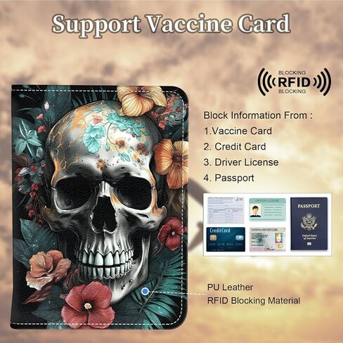 Passport Wallet Cover, Passport Holder Cover Men Women with Elastic Strap, PU Leathe Credit Card Protector RFID Blocking Sleeves Case Travel Vacation Essentials for Family, Rose Skulls in Saudi Arabia