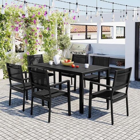 7 Piece Acacia Wood Outdoor Kitchen Dining Table and Chair Set, Suitable for Patio, Balcony, Backyard,Black in Saudi Arabia