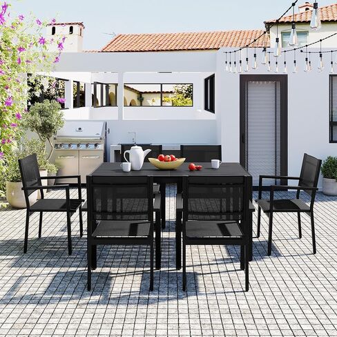 7 Piece Acacia Wood Outdoor Kitchen Dining Table and Chair Set, Suitable for Patio, Balcony, Backyard,Black in Saudi Arabia