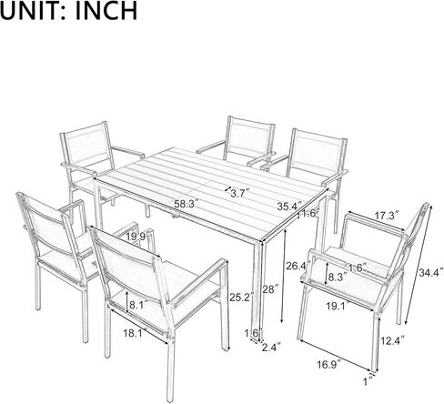 7 Piece Acacia Wood Outdoor Kitchen Dining Table and Chair Set, Suitable for Patio, Balcony, Backyard,Black in Saudi Arabia