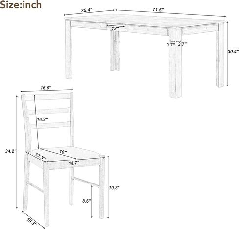 7-Piece Wooden, Extendable Table with 12" Leaf and 2 Drawers, 6 Dining Chairs with Soft Cushion, Kitchen Furniture Set for 6-8 People-Natural Wood Wash in Kuwait