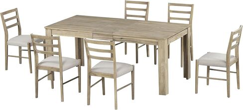 7-Piece Wooden, Extendable Table with 12" Leaf and 2 Drawers, 6 Dining Chairs with Soft Cushion, Kitchen Furniture Set for 6-8 People-Natural Wood Wash in Kuwait