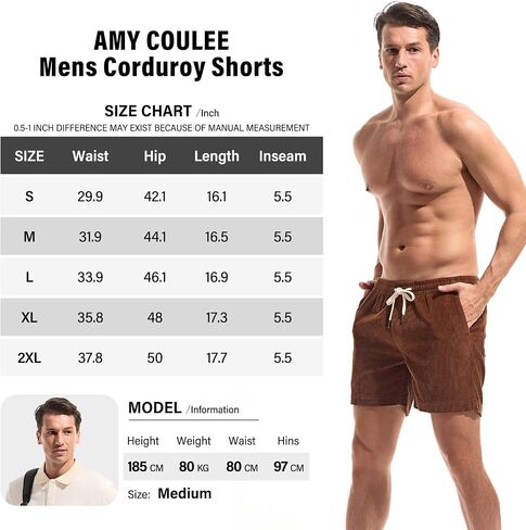 AMY COULEE Mens Corduroy Shorts 5.5" Elastic Waist Casual Shorts Summer Beach Shorts with Pockets in Saudi Arabia