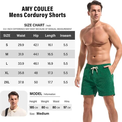 AMY COULEE Mens Corduroy Shorts 5.5" Elastic Waist Casual Shorts Summer Beach Shorts with Pockets in Saudi Arabia