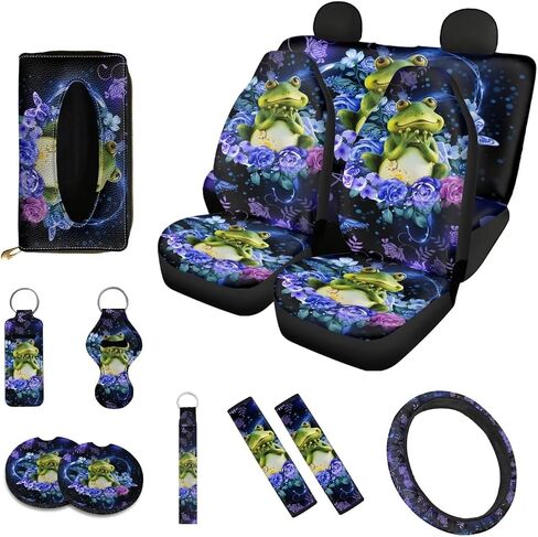 13 Pieces Frog Flower Car Accessories Full Set Includes Car Seat Cover Steering Wheel Shoulder Seat Belt Pads Cup Holder Chapstick Holder Keychain Decor in Saudi Arabia