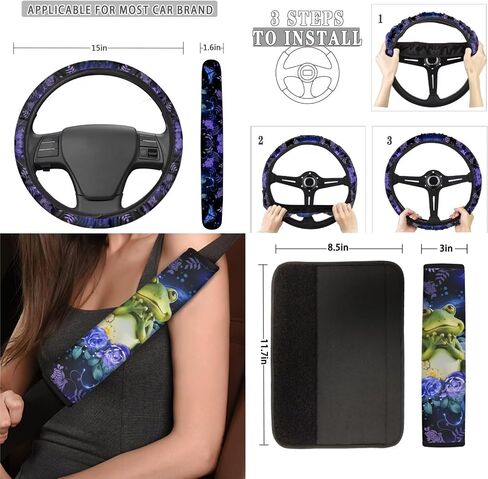 13 Pieces Frog Flower Car Accessories Full Set Includes Car Seat Cover Steering Wheel Shoulder Seat Belt Pads Cup Holder Chapstick Holder Keychain Decor in Saudi Arabia