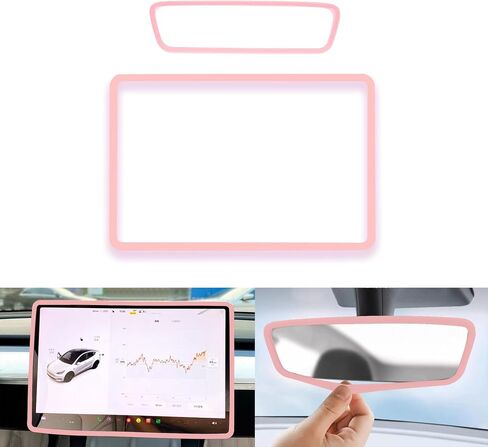 2PCS for 2017-2023 Tesla Model 3/2021-2024 Tesla Model Y Central Navigation Screen Protector Decorative Frame and Mirror Silicone Protective Cover Interior Accessories (Pink) in Kuwait