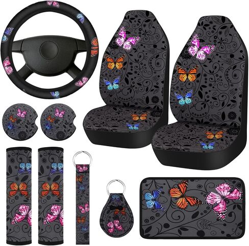 Frienda 10 PCS Car Seat Covers for Women Butterfly Car Accessories Car Interior Seat Covers with Steering Wheel Cover, Wrist Strap, Car Coasters, Armrest Pad, Shoulder Pad, Key Chain(Cute Style) in Saudi Arabia