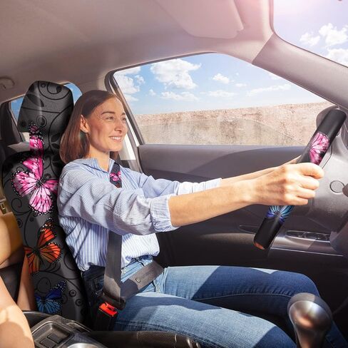 Frienda 10 PCS Car Seat Covers for Women Butterfly Car Accessories Car Interior Seat Covers with Steering Wheel Cover, Wrist Strap, Car Coasters, Armrest Pad, Shoulder Pad, Key Chain(Cute Style) in Saudi Arabia