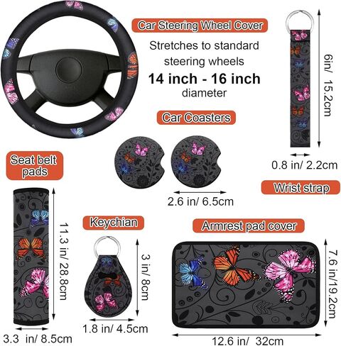 Frienda 10 PCS Car Seat Covers for Women Butterfly Car Accessories Car Interior Seat Covers with Steering Wheel Cover, Wrist Strap, Car Coasters, Armrest Pad, Shoulder Pad, Key Chain(Cute Style) in Saudi Arabia