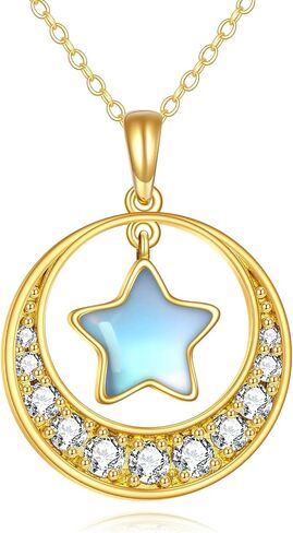 14K Gold Moon Necklace for Women Real Yellow Gold Crescent Moon and Star Opal Pendant Necklace Jewelry Gifts for Girls Wife Daughter Girlfriend Mother in Kuwait