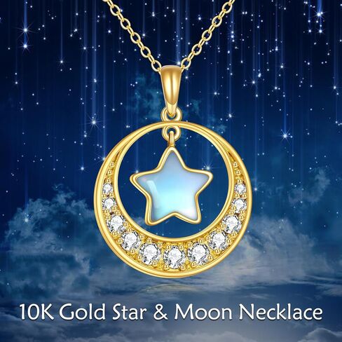 14K Gold Moon Necklace for Women Real Yellow Gold Crescent Moon and Star Opal Pendant Necklace Jewelry Gifts for Girls Wife Daughter Girlfriend Mother in Kuwait
