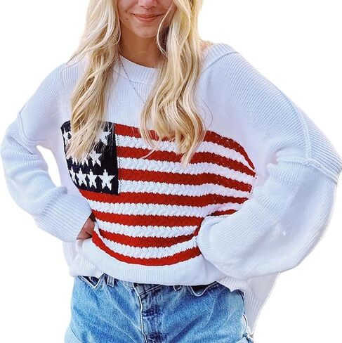 KMBANGI Women American Flag Sweater Graphic Loose Vintage Long Sleeve Crewneck Knitted Jumper Top Patriotic Pullover in Saudi Arabia
