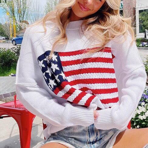 KMBANGI Women American Flag Sweater Graphic Loose Vintage Long Sleeve Crewneck Knitted Jumper Top Patriotic Pullover in Saudi Arabia