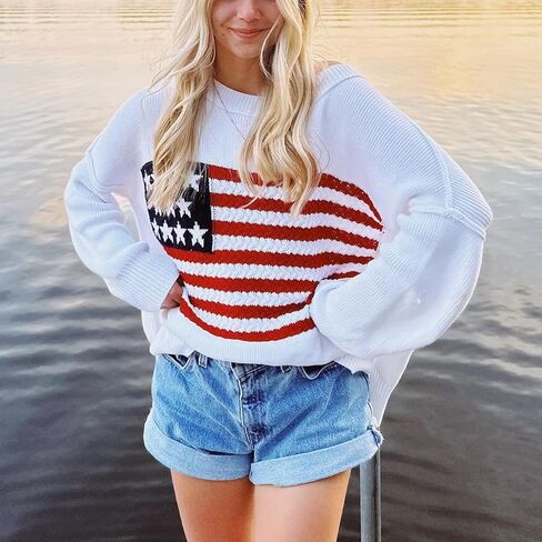 KMBANGI Women American Flag Sweater Graphic Loose Vintage Long Sleeve Crewneck Knitted Jumper Top Patriotic Pullover in Saudi Arabia