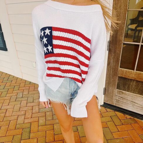 KMBANGI Women American Flag Sweater Graphic Loose Vintage Long Sleeve Crewneck Knitted Jumper Top Patriotic Pullover in Saudi Arabia