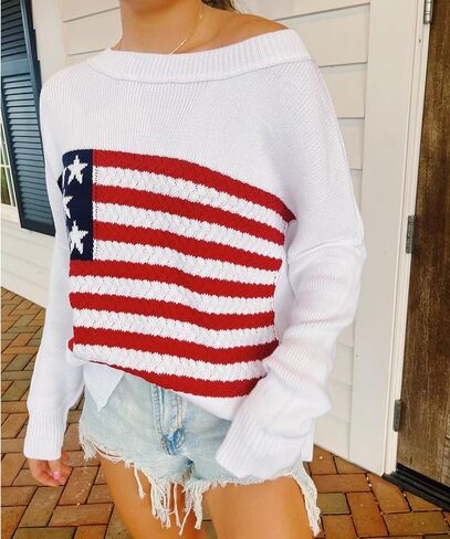 KMBANGI Women American Flag Sweater Graphic Loose Vintage Long Sleeve Crewneck Knitted Jumper Top Patriotic Pullover in Saudi Arabia