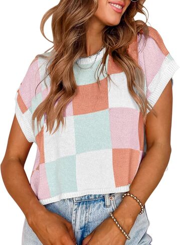 Womens Cap Sleeve Crop Tops Color Block Knit Summer Crew Neck Casual Sweaters in Saudi Arabia