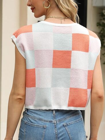 Womens Cap Sleeve Crop Tops Color Block Knit Summer Crew Neck Casual Sweaters in Saudi Arabia