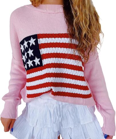 KMBANGI Women American Flag Sweater Graphic Loose Vintage Long Sleeve Crewneck Knitted Jumper Top Patriotic Pullover in Saudi Arabia