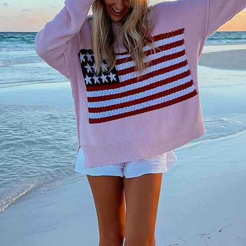 KMBANGI Women American Flag Sweater Graphic Loose Vintage Long Sleeve Crewneck Knitted Jumper Top Patriotic Pullover in Saudi Arabia