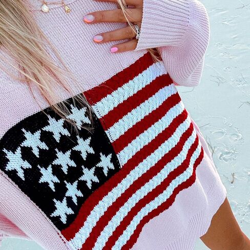 KMBANGI Women American Flag Sweater Graphic Loose Vintage Long Sleeve Crewneck Knitted Jumper Top Patriotic Pullover in Saudi Arabia